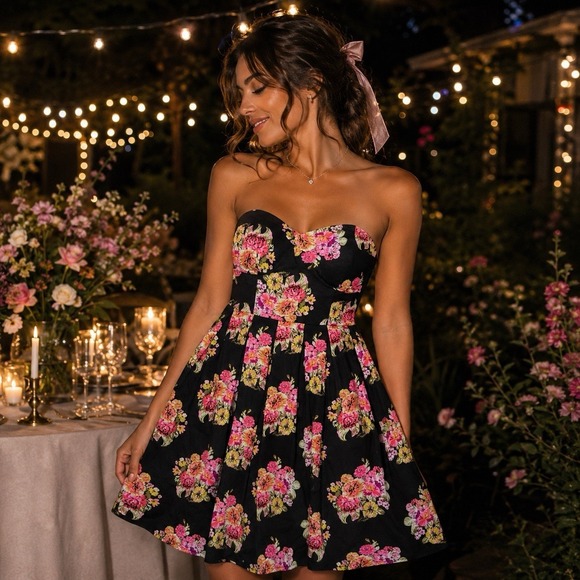 Rue21 Dresses & Skirts - Rue 21 Strapless Moody Floral Fit Flare Dress XS Black Pink Sweetheart Coquette